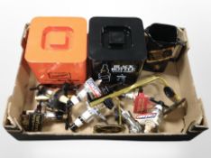 A box of brewing-related items including bar optics, Johnnie Walker ceramic whisky mug,