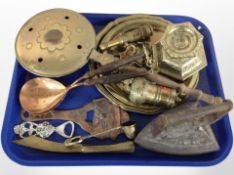 A group of metal wares including brass pricket candlestick, chestnut roaster, letter knife,
