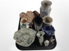 A group of Scandinavian studio pottery wares including elephant mask, vase, leaf-shaped dish, etc.