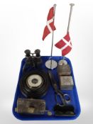Two Danish chrome desk flagpoles, together with antique binoculars, barometer,