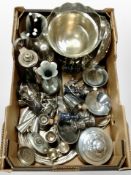 A group of silver-plated and pewter wares including candelabrum, table centrepiece, vases, etc.