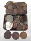 A group of Georgian and later coins including cartwheel pennies, replica spade guinea, crowns, etc.