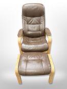 A Scandinavian bentwood and brown stitched leather armchair with matching footstool