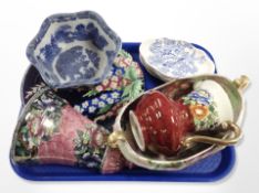 A Maling lustre jug, wall pocket, twin handled bowl,