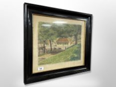 Continental print depicting a building in woodland, 44 cm x 38 cm,