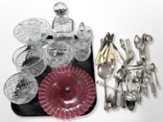 A cranberry glass scalloped edge bowl together with further lead crystal decanter,