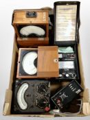 Scientific instruments to include teak-cased volt and amp meters, universal volt meter,