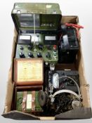 Scientific instruments to include Megger circuit tester, heavy duty AVOmeter, radio headsets, etc.