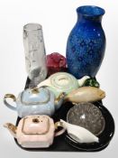 Two Sadler lustre teapots together with group of Cranberry and other glass ware,