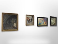 Four continental oil paintings including still life with fruit,
