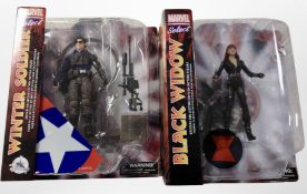 Two Marvel Select figurines, The Winter Soldier and Black Widow, boxed.
