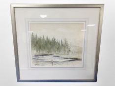 T W Wells : A man fishing in a stream watercolour,