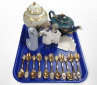 A Coalport Kingsware gilded lidded vase depicting a dragon, Wade teapot,