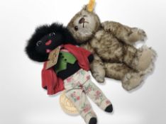 A Steiff teddy bear, and a further Golly soft doll.