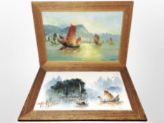 Contemporary Oriental School : Junk boats in calm waters, two oils on canvas,
