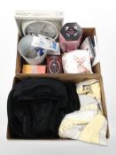 Two boxes of homewares, wall clock, fragrances, jewellery stand,