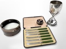 A 19th century desk magnifier together with a silver-plated billiards trophy,