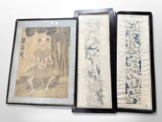 A pair of early 20th century Chinese silk embroideries, each 53 cm x 22 cm,