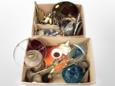 Two boxes of oil lamp base, brass companion set, glass ware,
