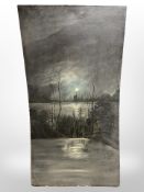 An oil on tin, moonlight over a river,