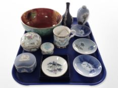 A Burleigh ware lustre fruit bowl, Royal Copenhagen vase and pin dishes,