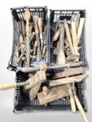 Three crates of antique carpentry tools, including hammers, braces,