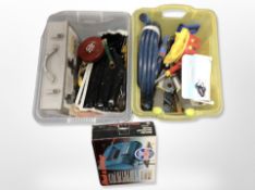 Two boxes of tools, Black and Decker jigsaw, hand tools, garden hose,