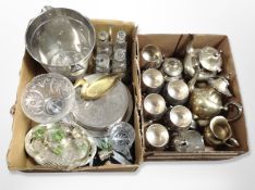 Two boxes of stainless steel wine bucket, goblets, tea set, cruet,