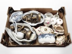 A box of Victorian and later tea and dinner wares, lidded tureens,