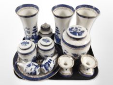 A collection of Royal Doulton Booths Real Old Willow, three trumpet vases, hexagonal jar,