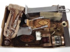 A box of fireside lustre figure of a knight, brass chamber stick, pair of copper signal lamps,