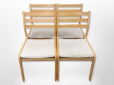 Four Danish beech ladder back dining chairs with canvas webbed seats