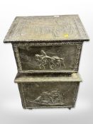 Two embossed brass coal receivers