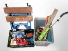 A folding work bench together with two crates of assorted power tools, spirit level,