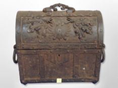 A wrought iron domed table casket with hoop handles,