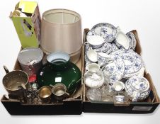 Two boxes of Johnson Brothers Indies blue and white part dinner service, green glass oil lamp shade,