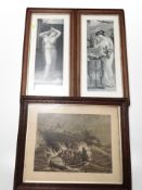 A pair of monochrome prints after Jules Delaroche in oak frames together with a further monochrome