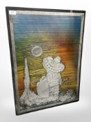 A textured metal picture depicting a figure wearing a sombrero,