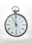 A silver open-faced pocket watch, with fusée movement.