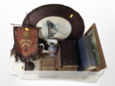 A box of volumes including Beeton's Household Management, embroidered pendant,