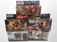 Five Hasbro Disney Star Wars figures including Assault Walker,
