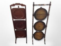 An Edwardian oak cake stand and a mahogany example