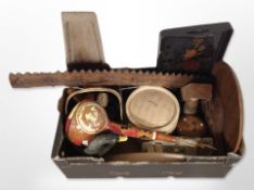 A group of treen items, wicker storage jar, teak circular serving tray, lacquered twin-handled tray,