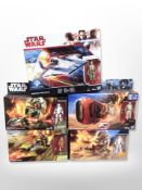 Five Hasbro Disney Star Wars figures including Assault Walker, Rey's Speeder (Jakku),