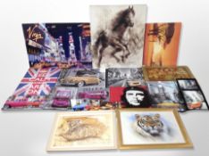 A collection of contemporary decorative prints and wall canvases, largest 83cm x 112cm.