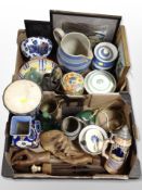 A group of ceramics, Cornish ware storage jar, banker's style lamp, carved wooden hands,