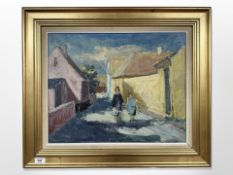 Danish school : Figures in a street, oil on canvas, 50cm x 39cm.