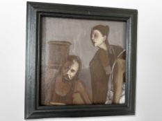 Contemporary school : Man and woman in an interior, oil on canvas laid to board, 32cm x 32cm.