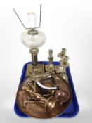 Two pairs of brass candlesticks, a brass oil lamp (converted), charger,