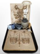 Two continental pottery wall plaques, together with a Danish Soholm Stentoj ceramic lamp base,